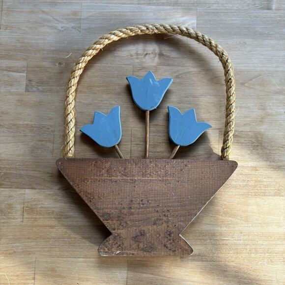 Handmade Other - Vintage Rope Wood Basket Hanger Painted Blue Tulips Floral Rustic Cottagecore
